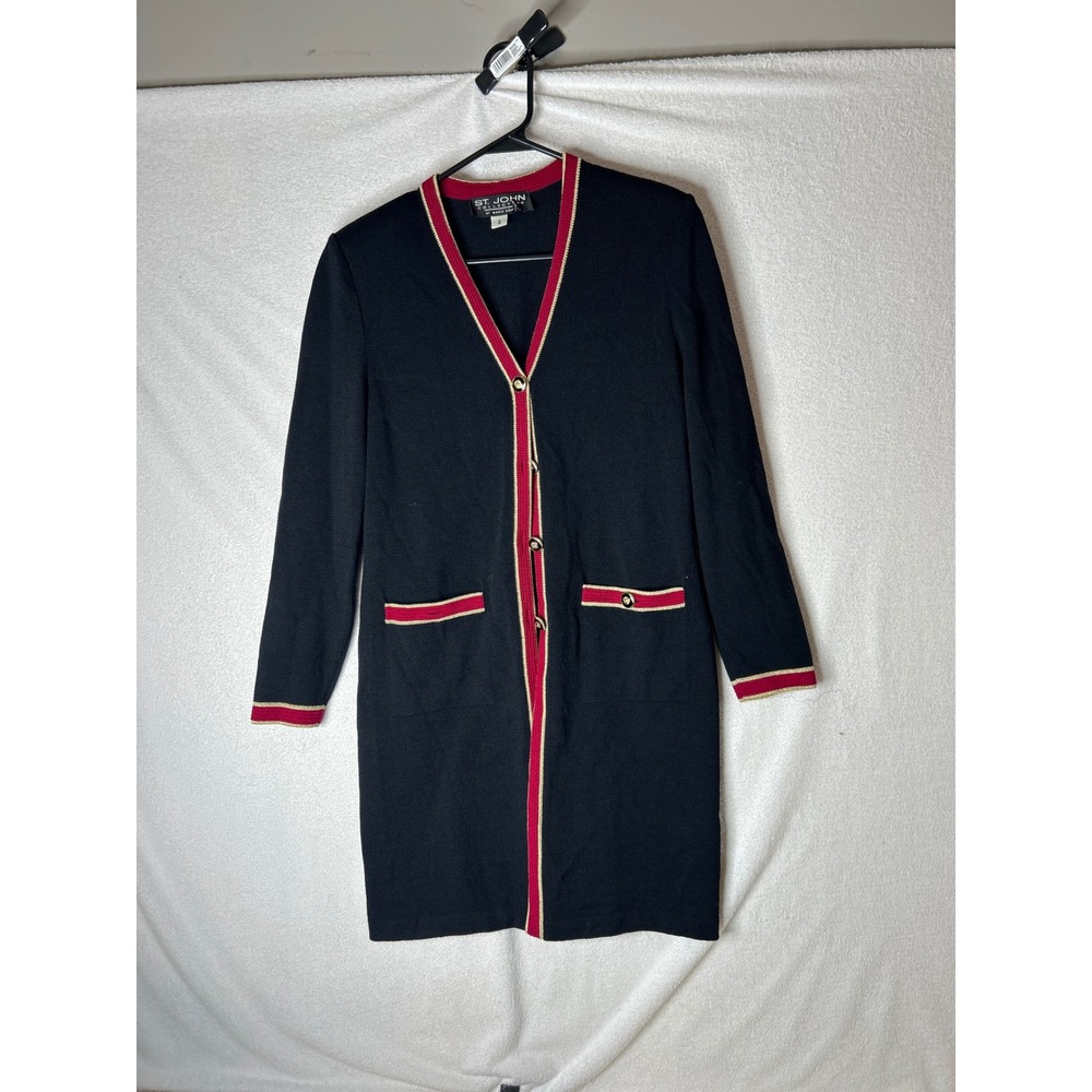 St John Collection Marie Gray Black Red Gold Santana Knit Long Cardigan Jacket 2